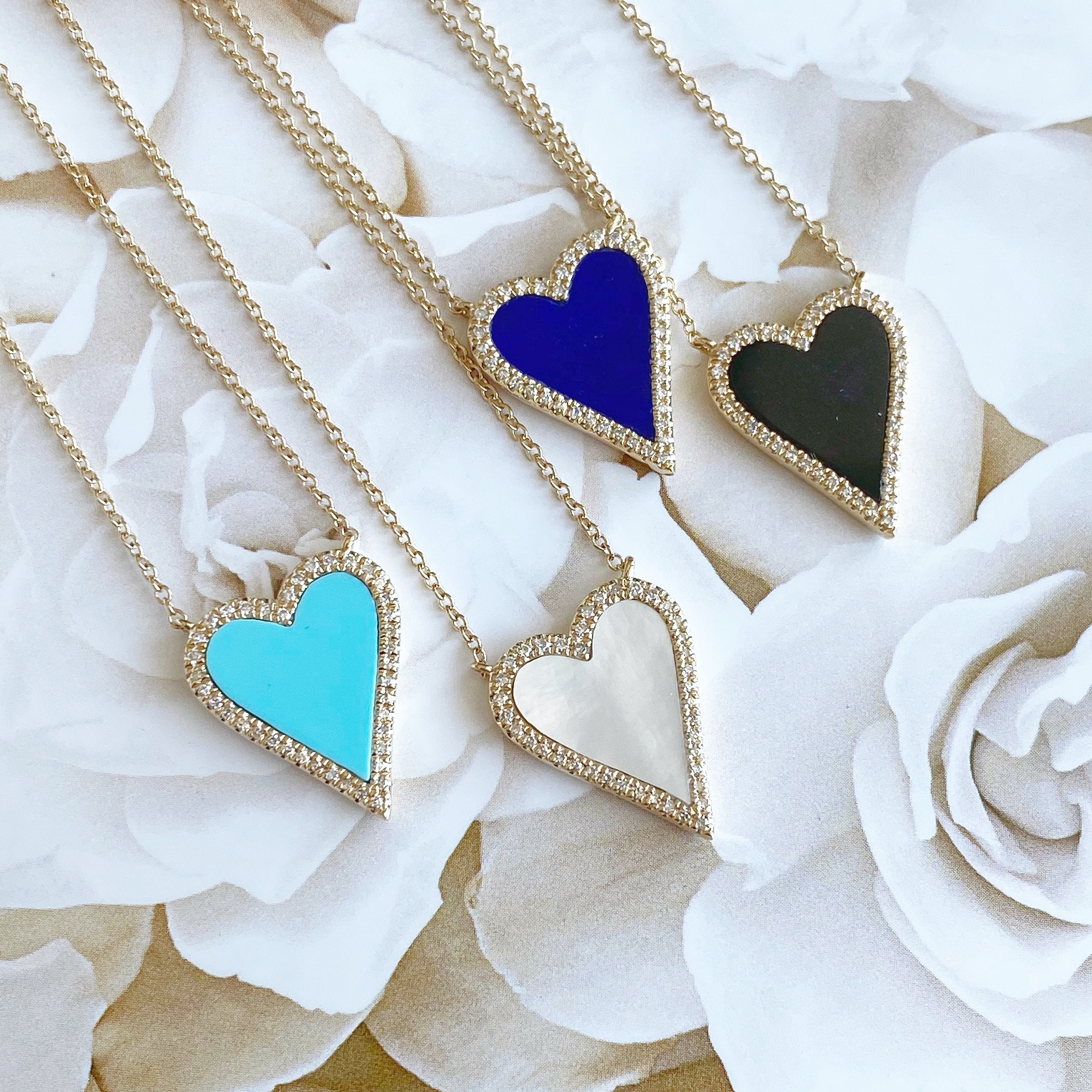 14K Gold Diamond Halo Lapis Skinny Heart Necklace Izakov Diamonds + Fine Jewelry