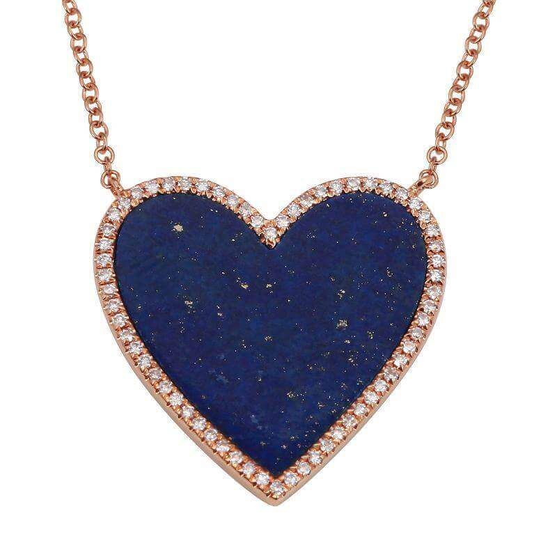 14K Gold Diamond Halo Large Lapis Heart Necklace - Necklaces - Izakov Diamonds + Fine Jewelry