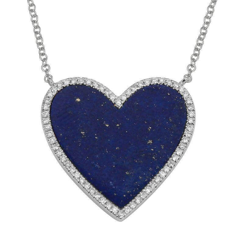 14K Gold Diamond Halo Large Lapis Heart Necklace - Necklaces - Izakov Diamonds + Fine Jewelry