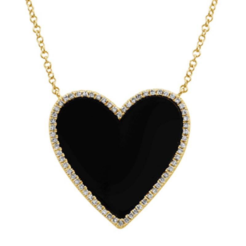 14K Gold Diamond Halo Large Onyx Heart Necklace Yellow Gold Izakov Diamonds + Fine Jewelry