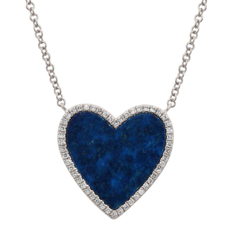 14K Gold Diamond Halo Medium Lapis Heart Necklace White Gold Izakov Diamonds + Fine Jewelry