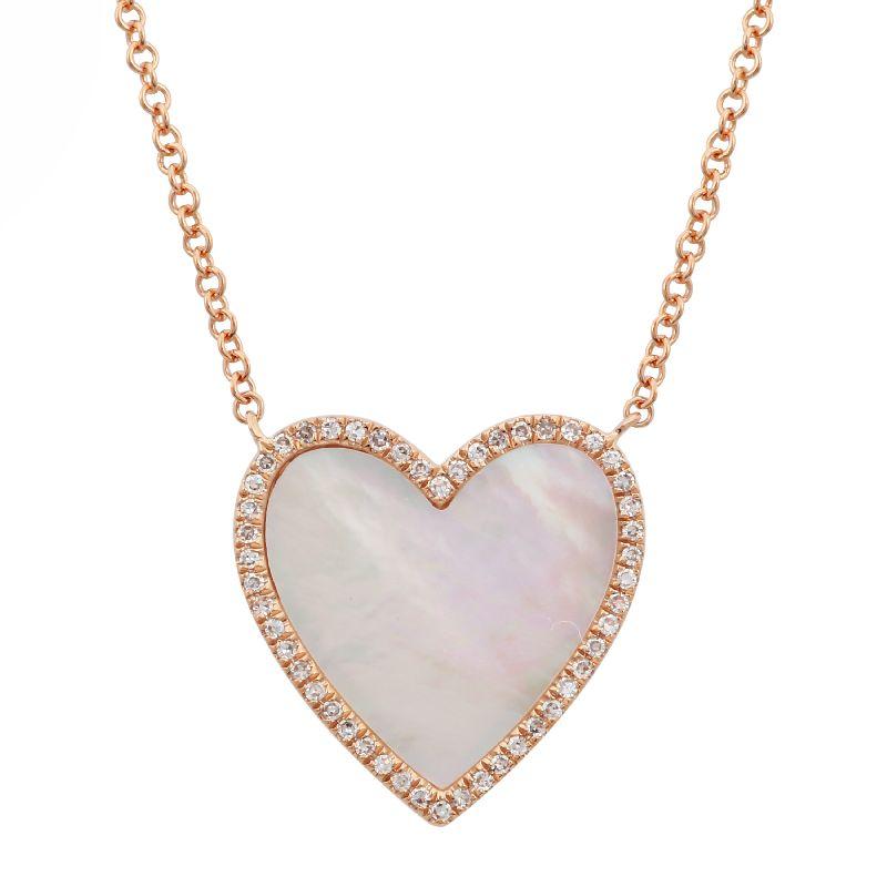 14K Gold Diamond Halo Medium Mother of Pearl Heart Necklace Rose Gold Izakov Diamonds + Fine Jewelry