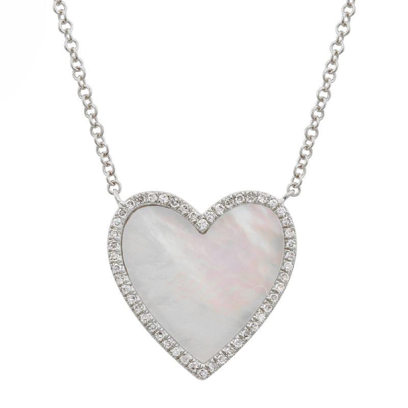 14K Gold Diamond Halo Medium Mother of Pearl Heart Necklace White Gold Izakov Diamonds + Fine Jewelry