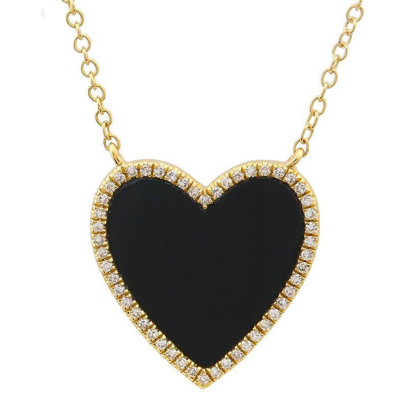 14K Gold Diamond Halo Medium Onyx Heart Necklace Yellow Gold Izakov Diamonds + Fine Jewelry