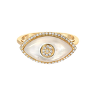 14K Gold Diamond Halo Mother of Pearl Evil Eye Ring Yellow Gold Izakov Diamonds + Fine Jewelry
