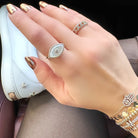 14K Gold Diamond Halo Mother of Pearl Evil Eye Ring - Rings - Izakov Diamonds + Fine Jewelry