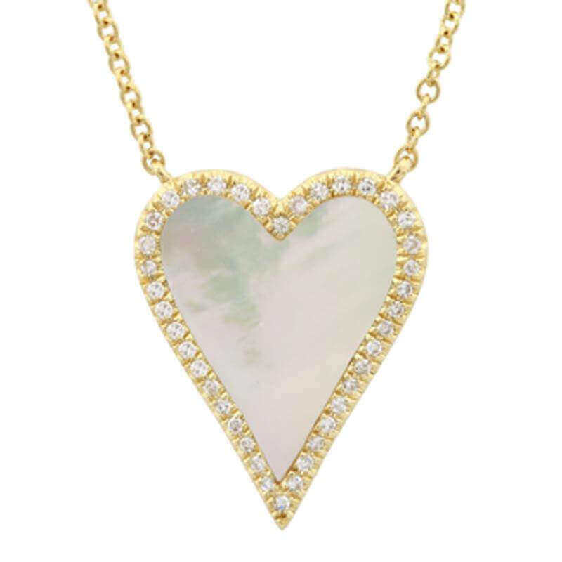 Elegant gold heart-shaped pendant with mother-of-pearl center and sparkling diamond accents from our luxury jewelry collection.