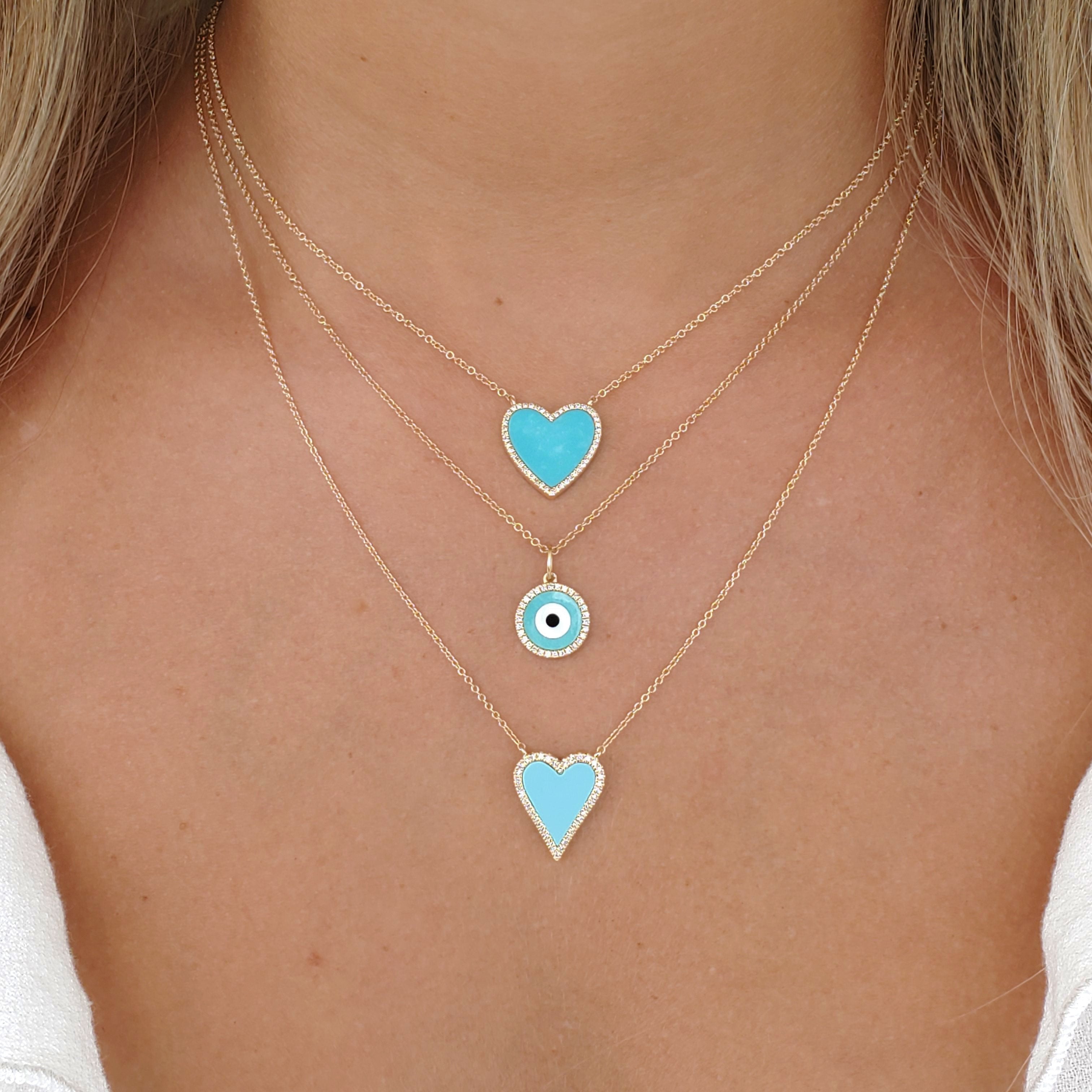 14K Gold Diamond Halo Turquoise Skinny Heart Necklace Izakov Diamonds + Fine Jewelry