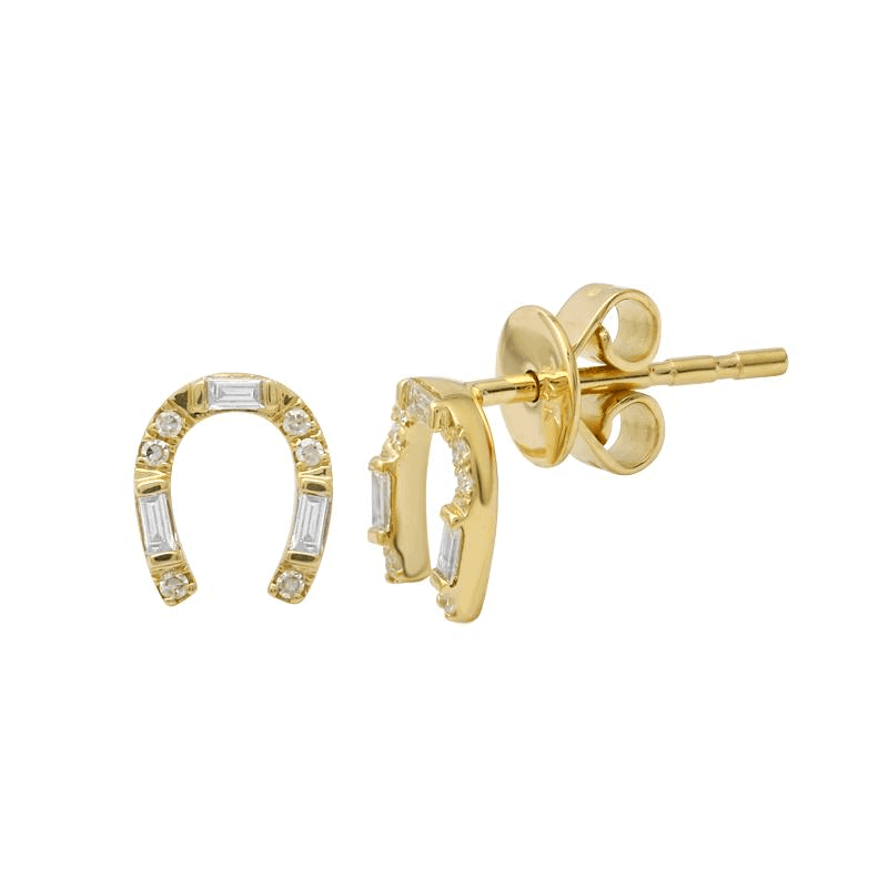 Gold horseshoe stud earrings with diamonds sparkling, elegant design from our jewelry brand. Perfect for adding a touch of luck and luxury.