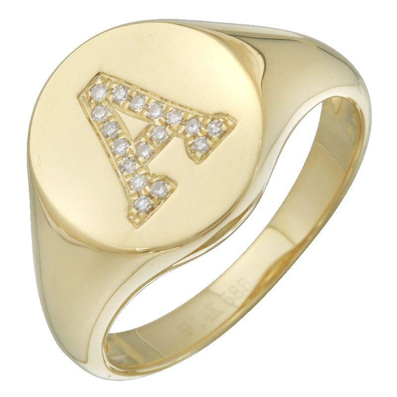 Gold signet ring with a diamond-encrusted letter "A" designed by our jewelry brand.