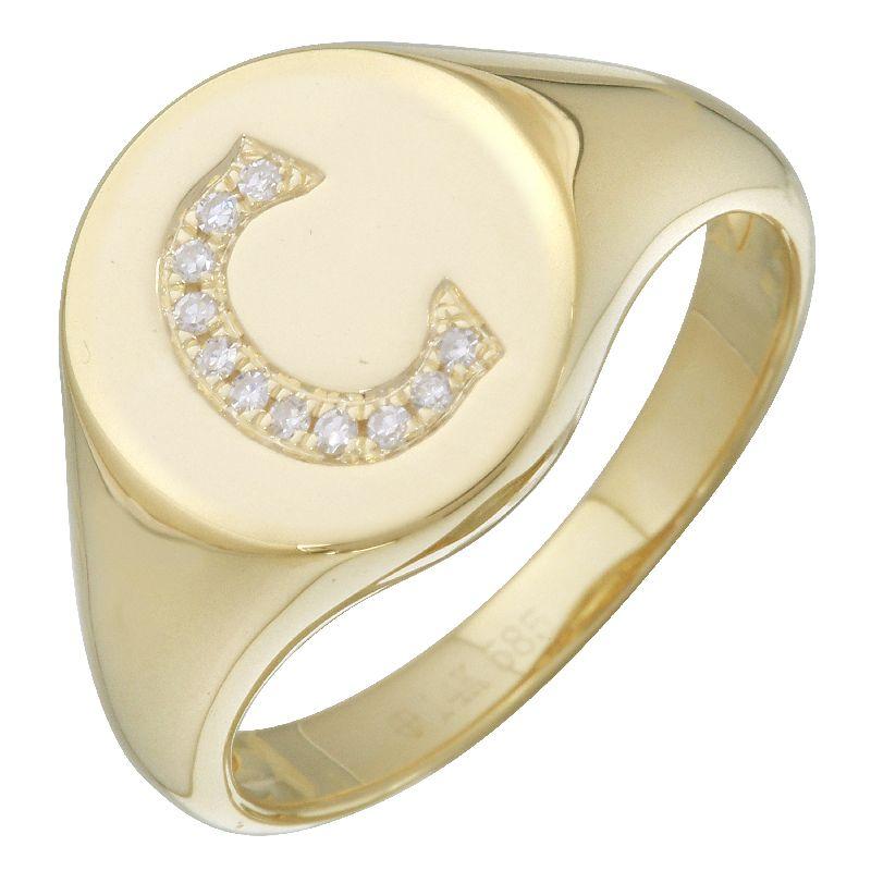 Gold signet ring with diamond-studded horseshoe design from our exclusive jewelry collection.