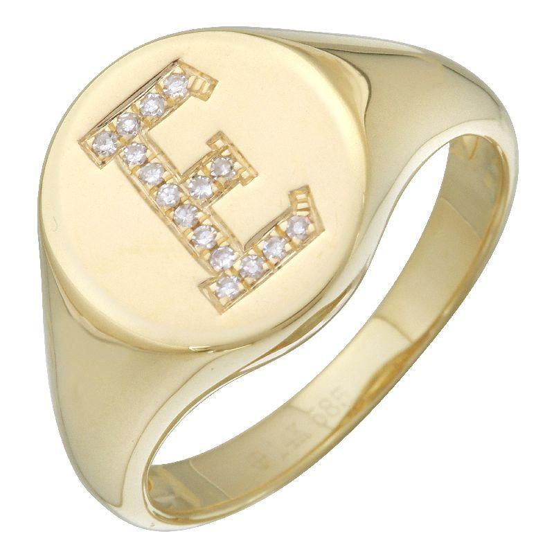 Gold signet ring with letter L encrusted with diamonds, designer jewelry from our brand collection