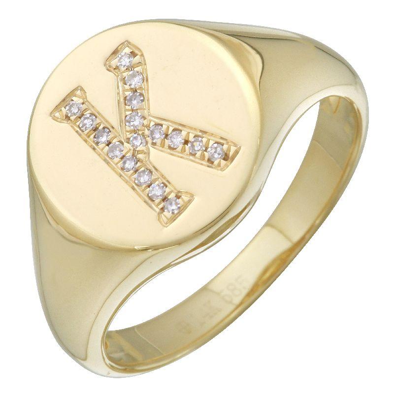 14k gold signet ring with diamond-studded initial K, elegant jewelry piece by our brand.