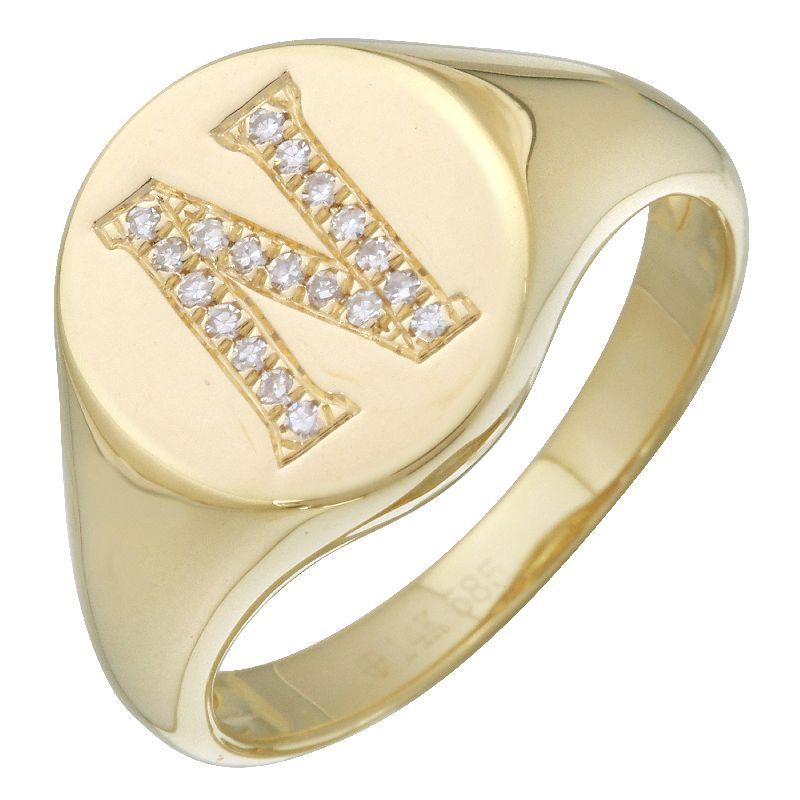 Gold signet ring with letter N encrusted in diamonds, elegant jewelry piece from our exclusive collection.