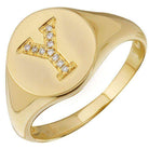 Gold signet ring with diamond-studded letter Y for personalized jewelry collection.