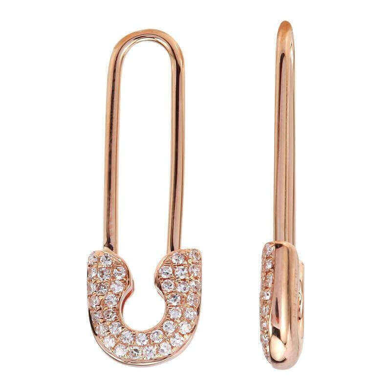 Rose gold safety pin-shaped earrings encrusted with sparkling diamonds from our elegant jewelry collection.