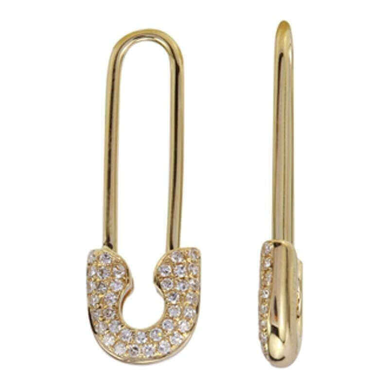 Elegant gold safety pin earrings adorned with sparkling diamonds from our luxury jewelry collection.