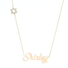 14K gold personalized script nameplate necklace with diamond Star of David motif, featuring the name 'Shirley'.