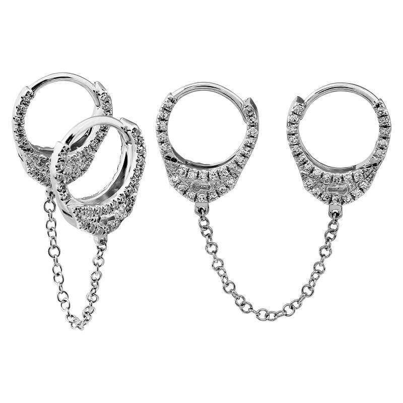14K Gold Diamond Pave Chained Handcuff Double Huggies - Earrings - Izakov Diamonds + Fine Jewelry