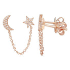 Rose gold moon and star chain earrings with sparkling diamonds, elegant celestial jewelry for women.