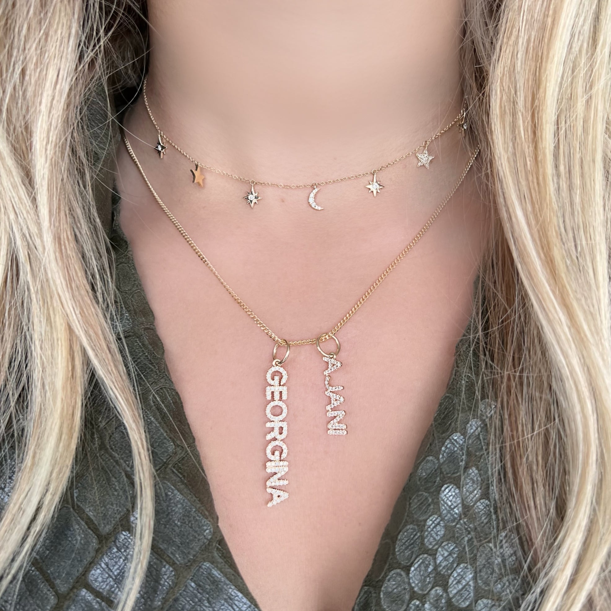 14K Gold Diamond Pave Dangling Moon + Stars Necklace Necklaces by Izakov Diamonds + Fine Jewelry | Izakov
