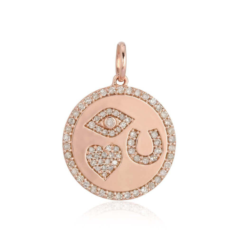 Rose gold pendant with diamond-studded eye, heart, and horseshoe designs from our luxury jewelry collection.