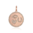 Rose gold pendant with diamond-studded eye, heart, and horseshoe designs from our luxury jewelry collection.