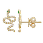 Gold snake-shaped stud earrings with sparkling diamonds and emerald accents from our jewelry collection