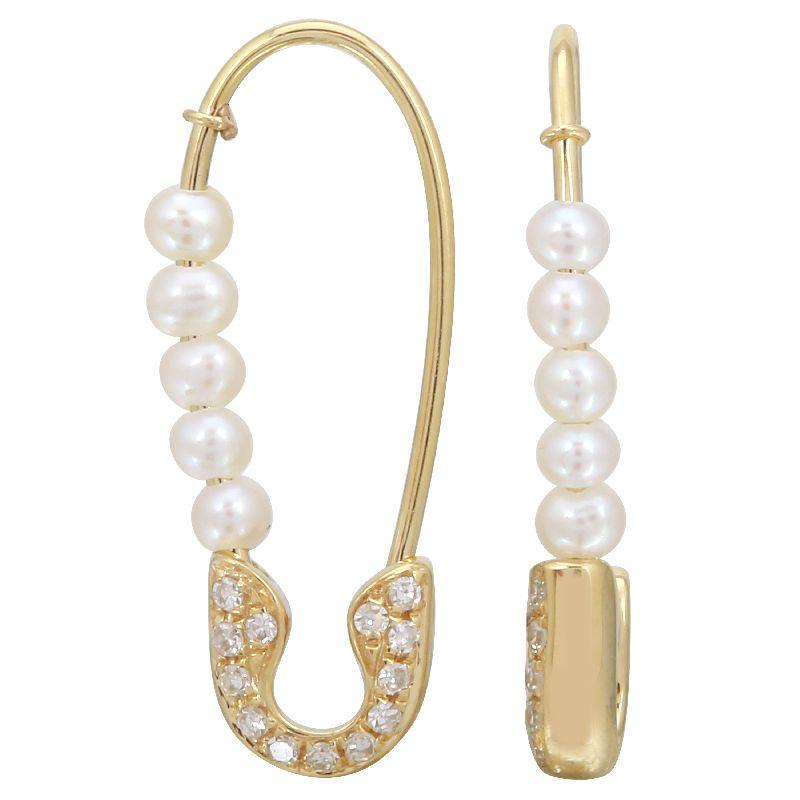 Elegant gold safety pin earrings adorned with pearls and diamonds from our jewelry brand collection.