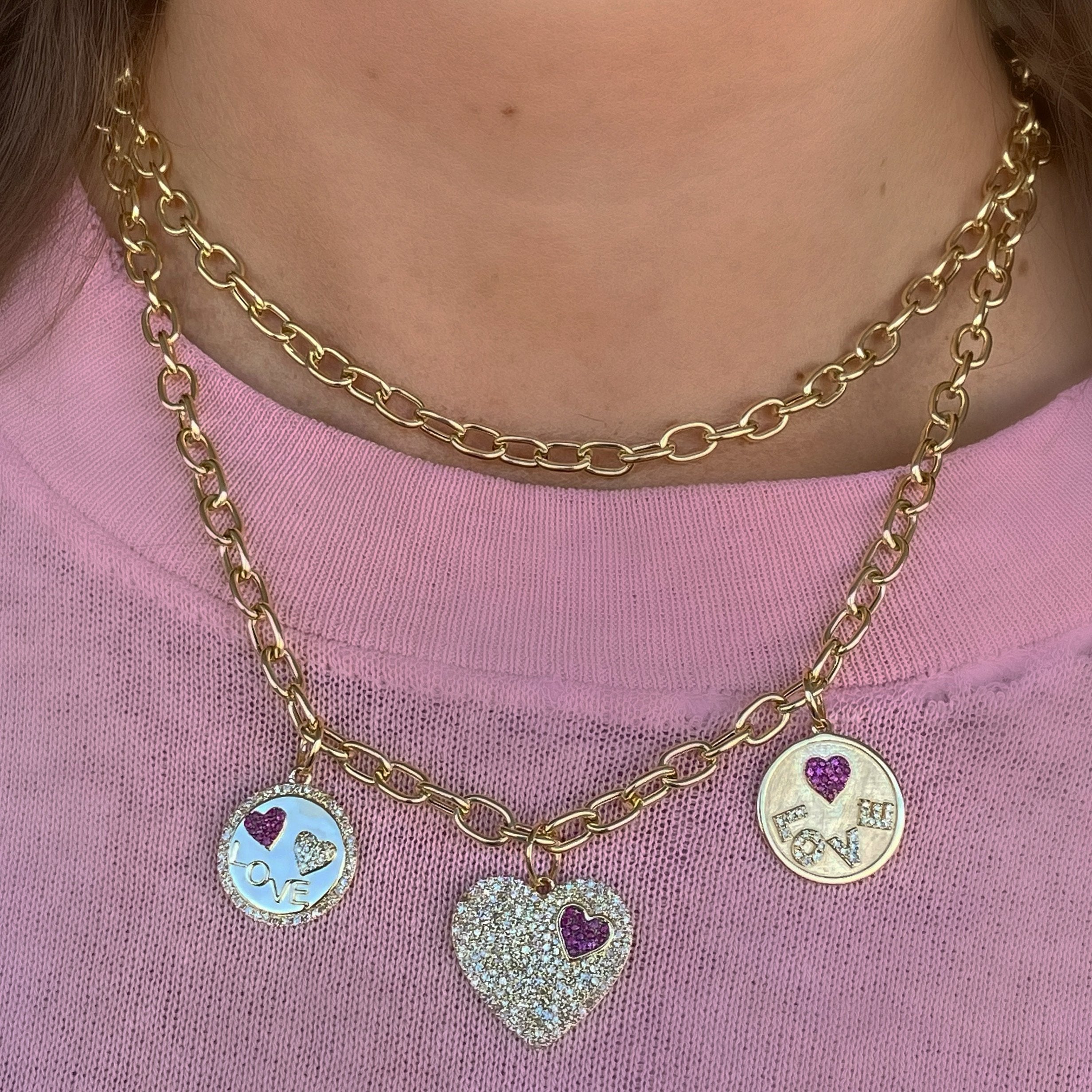 14K Gold Diamond + Ruby Pave Love Coin Necklace Charm Izakov Diamonds + Fine Jewelry