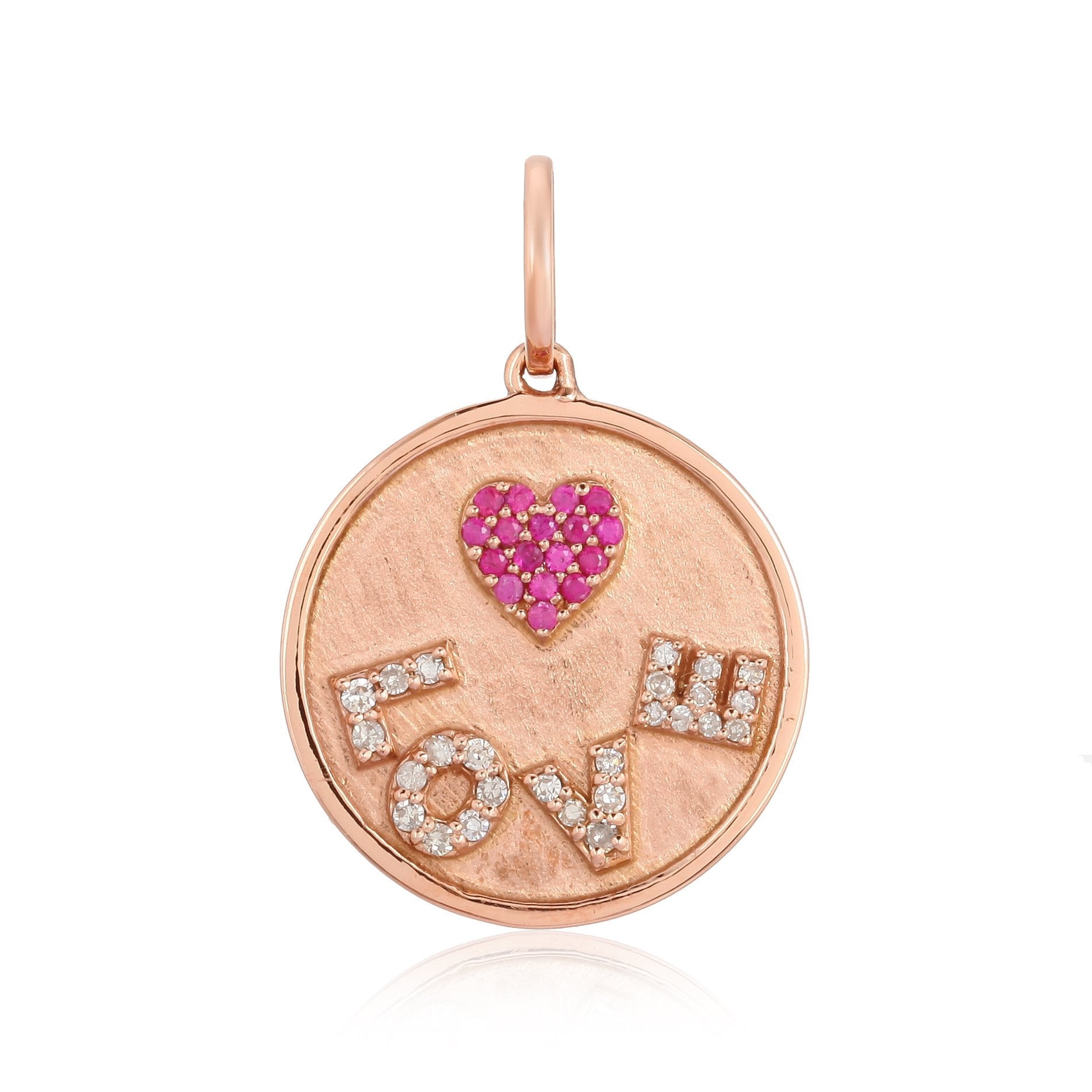 14K Gold Diamond + Ruby Pave Love Coin Necklace Charm Rose Gold Izakov Diamonds + Fine Jewelry