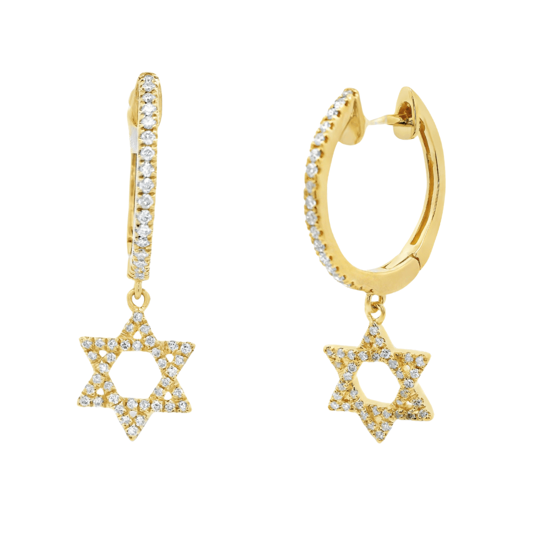 Elegant 14K gold diamond Star of David huggie earrings, perfect for any occasion.