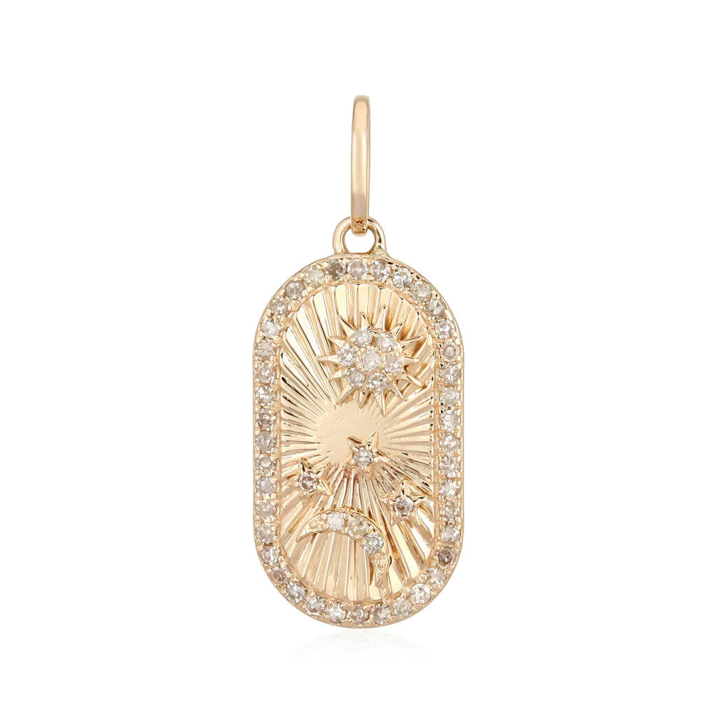 14K Gold Diamond Sun Stars & Moon Oval Necklace Charm Yellow Gold Charms & Pendants by Izakov Diamonds + Fine Jewelry | Izakov