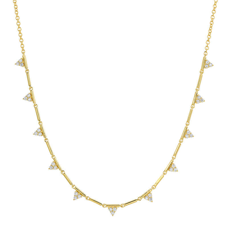 14K Gold Diamond Triangle Bars Necklace featuring gold bars and micro pave diamonds.