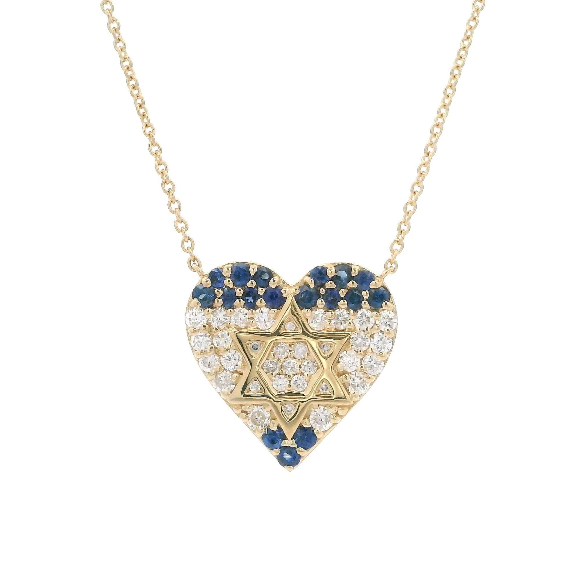 14K gold heart necklace with diamonds and sapphires featuring the Israel flag design, perfect for showing national pride.