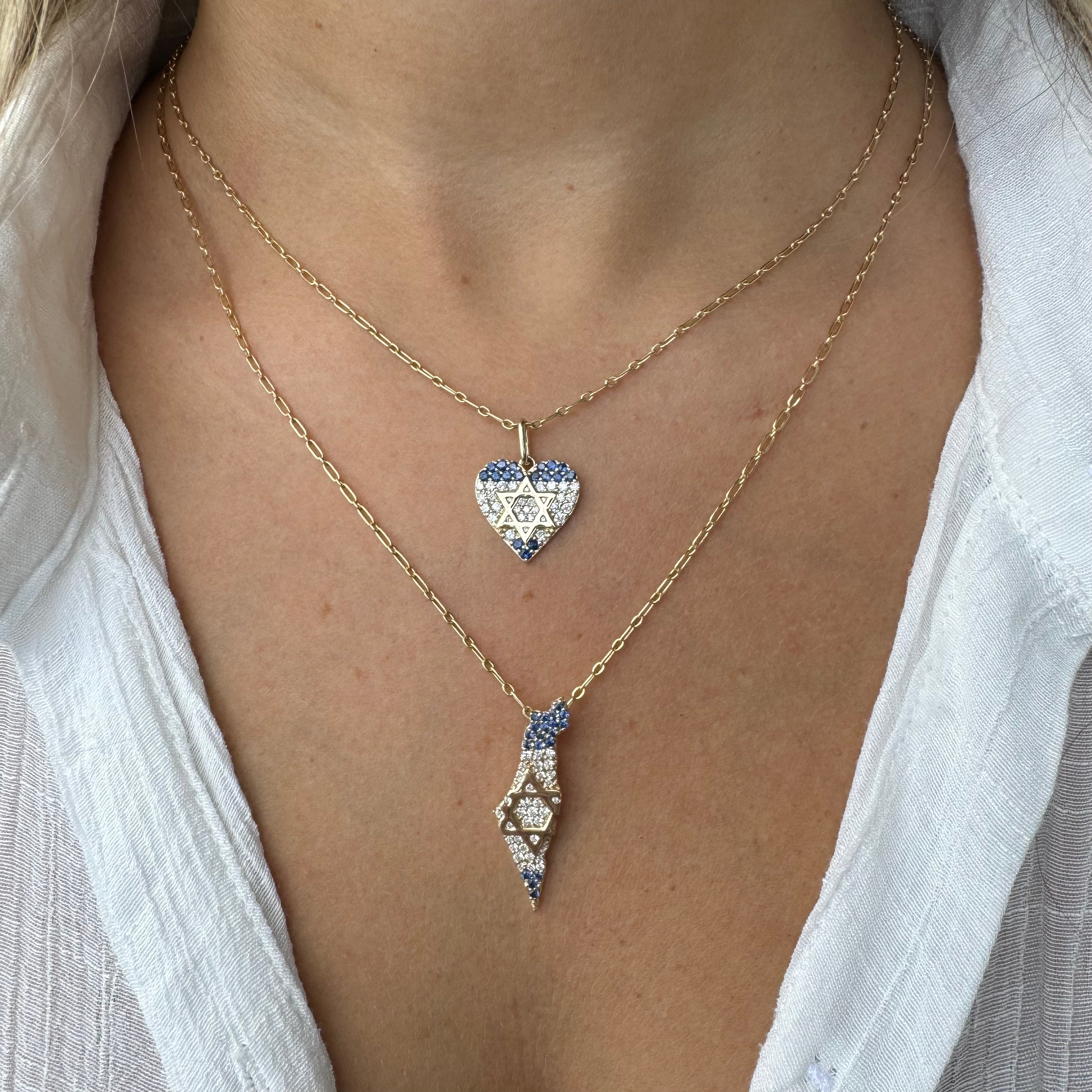 14K Gold Diamonds & Sapphires Israel Flag Heart Pendant Charms & Pendants by Izakov Diamonds + Fine Jewelry | Izakov