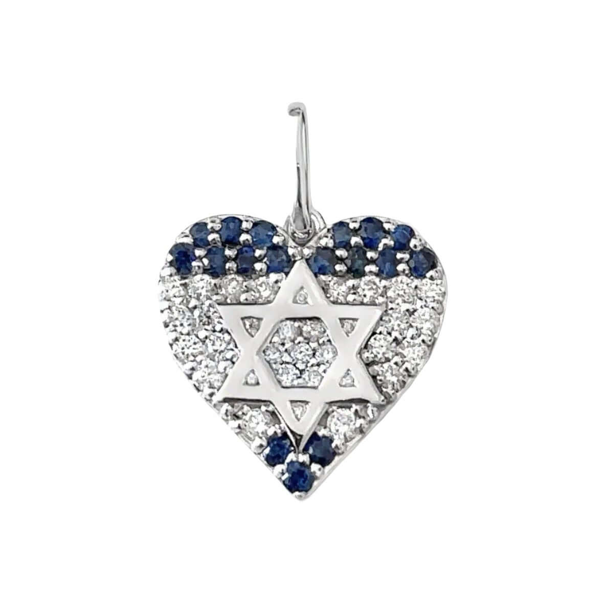 Heart-shaped pendant with Star of David, blue and white diamonds - elegant jewelry from our premium collection.