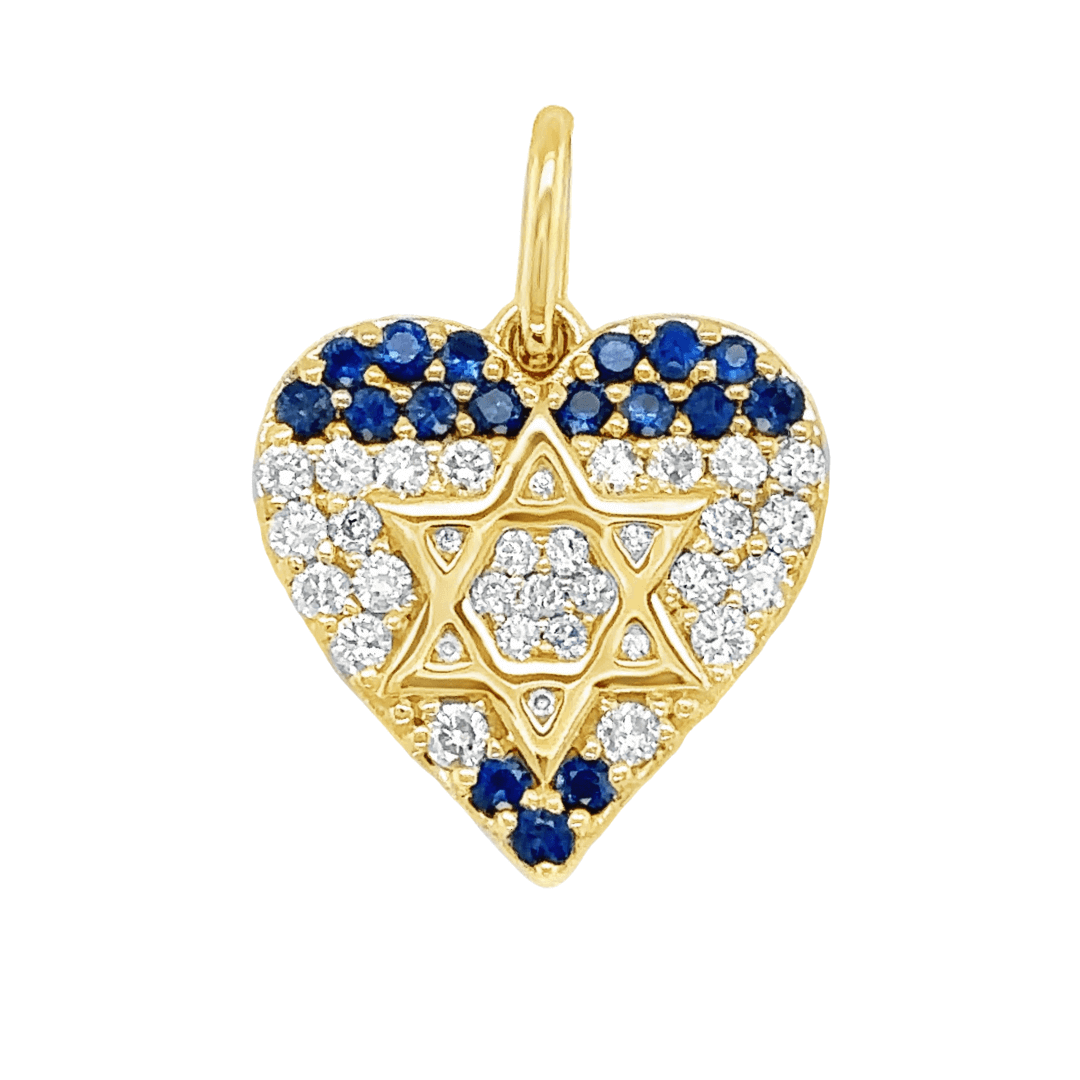 Heart-shaped gold pendant with Star of David and blue and white gemstones, from our luxury jewelry collection.