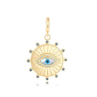 Radiating Evil Eye Diamond Necklace Charm with blue sapphires and mother-of-pearl center by Izakov Fine Jewelry.