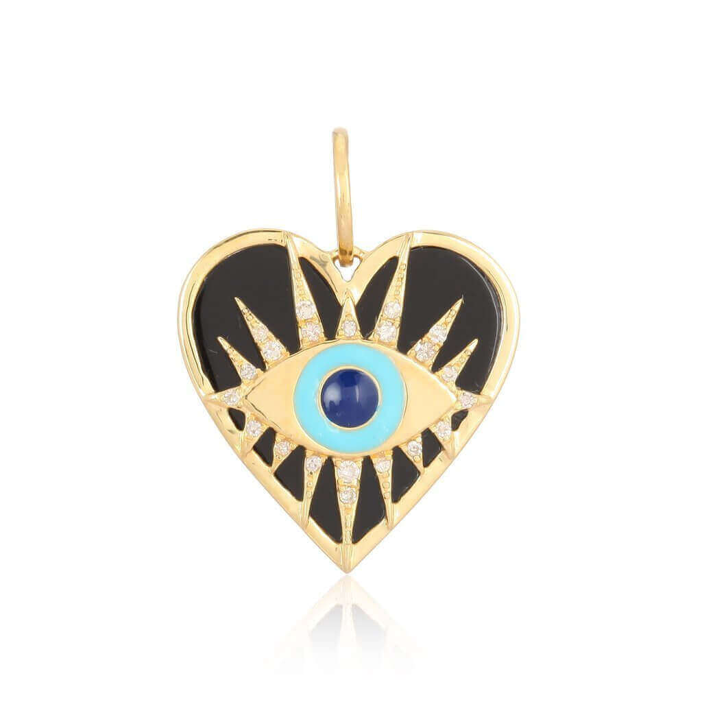 Heart-shaped gold pendant with an eye design and black enamel details from our jewelry brand.