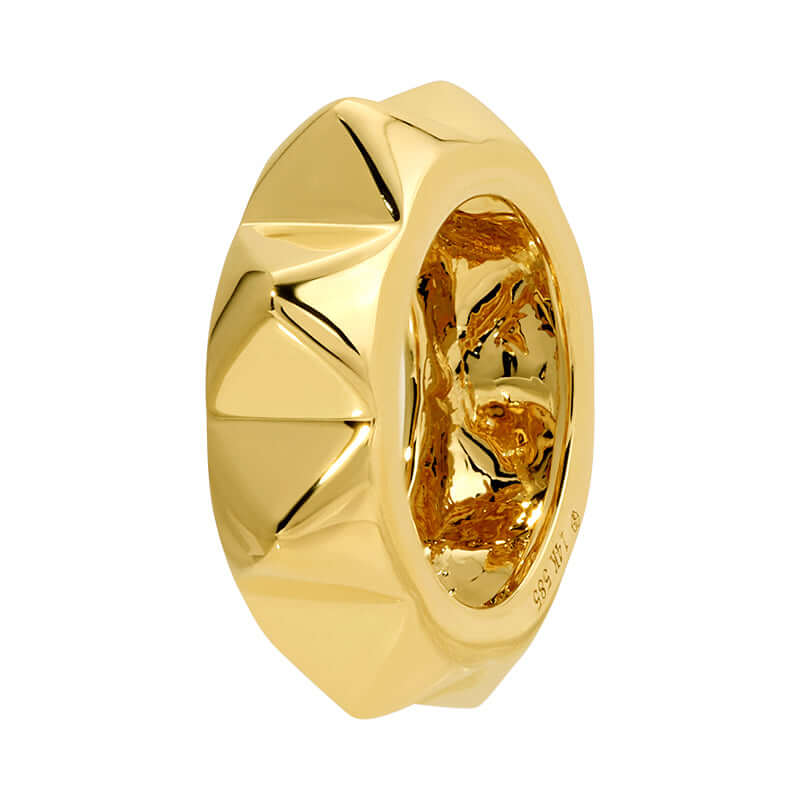 14K Gold Round Pyramid Rondelle bead with geometric faceted design, perfect for refined jewelry creations.