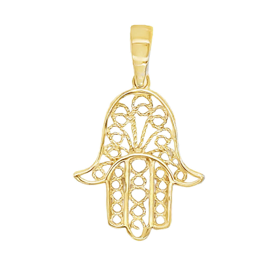 14K Gold Filigree Hamsa Necklace Charm symbolizing protection and positivity, crafted with intricate detail and elegance.