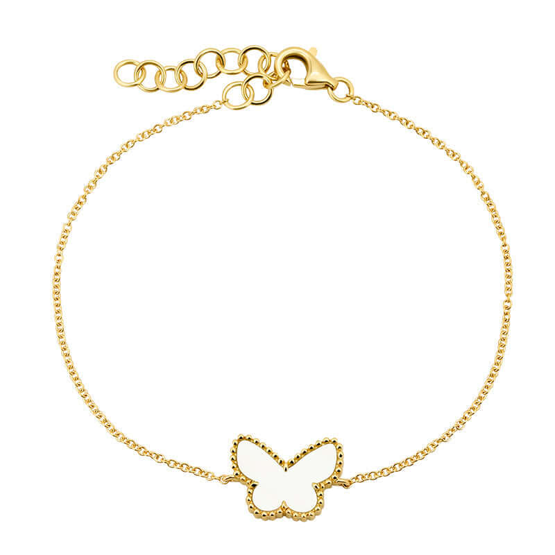 14K Gold Butterfly Bracelet with Mother of Pearl Gemstone and Milgrain Outline