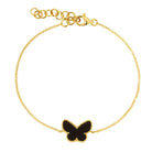 14K Gold Gemstone Butterfly Bracelet with Onyx Charm and Milgrain Detail, Elegant Jewelry Piece on Delicate Chain