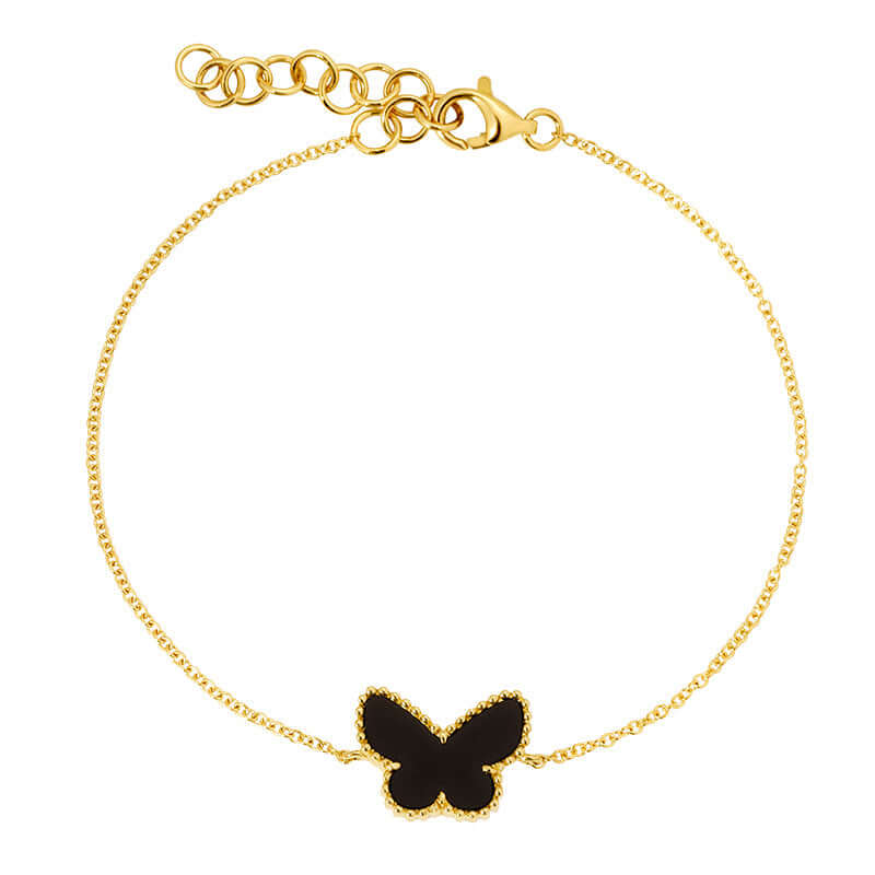 14K Gold Gemstone Butterfly Bracelet with Onyx Charm and Milgrain Detail, Elegant Jewelry Piece on Delicate Chain