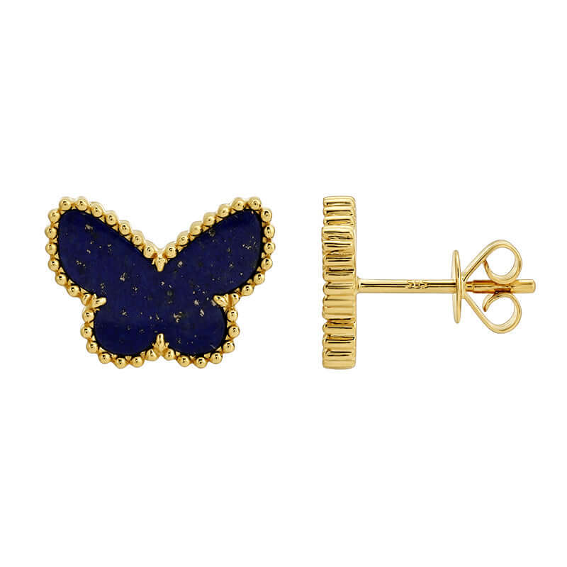 14K Gold Lapis Butterfly Button Earrings with Milgrain Outline and Stud Backing