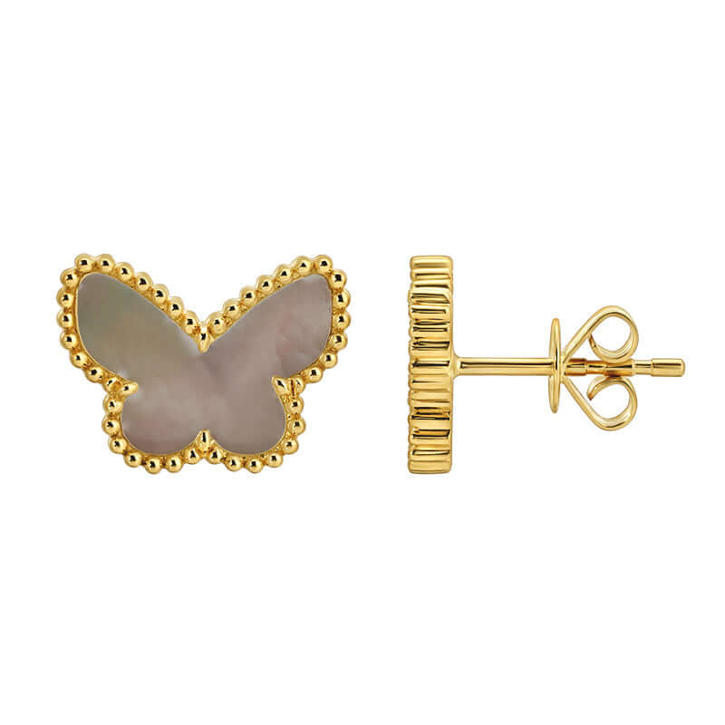 Gold butterfly stud earrings with mother-of-pearl inlay, luxurious jewelry design from our elegant collection.