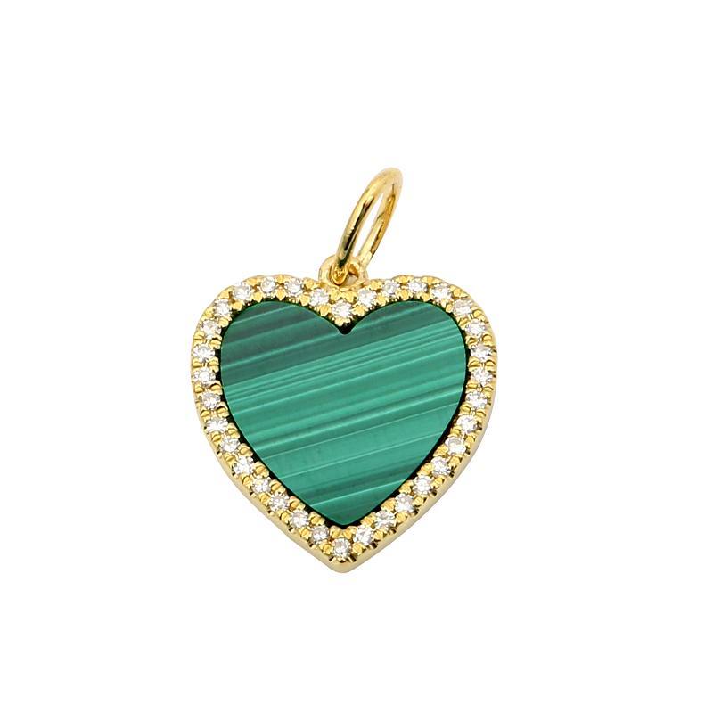 Heart-shaped green gemstone pendant encircled by sparkling diamonds, set in a gold frame, from our elegant jewelry collection