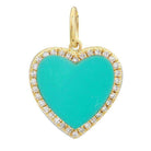 Gold heart pendant with turquoise center and diamond border from our exclusive jewelry collection.