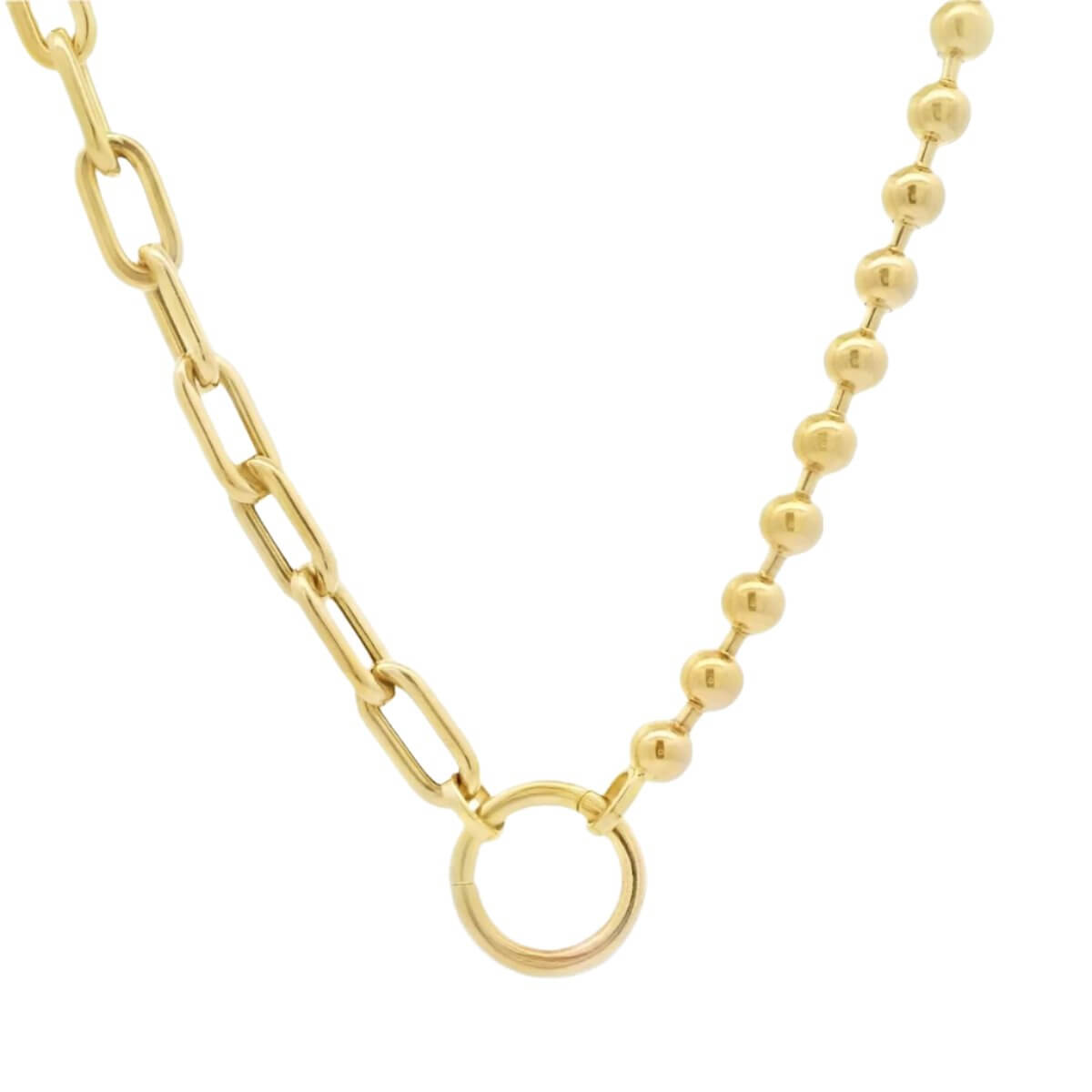 14K gold half ball and half round paper clip chain necklace with openable charm enhancer for layering and charm display.